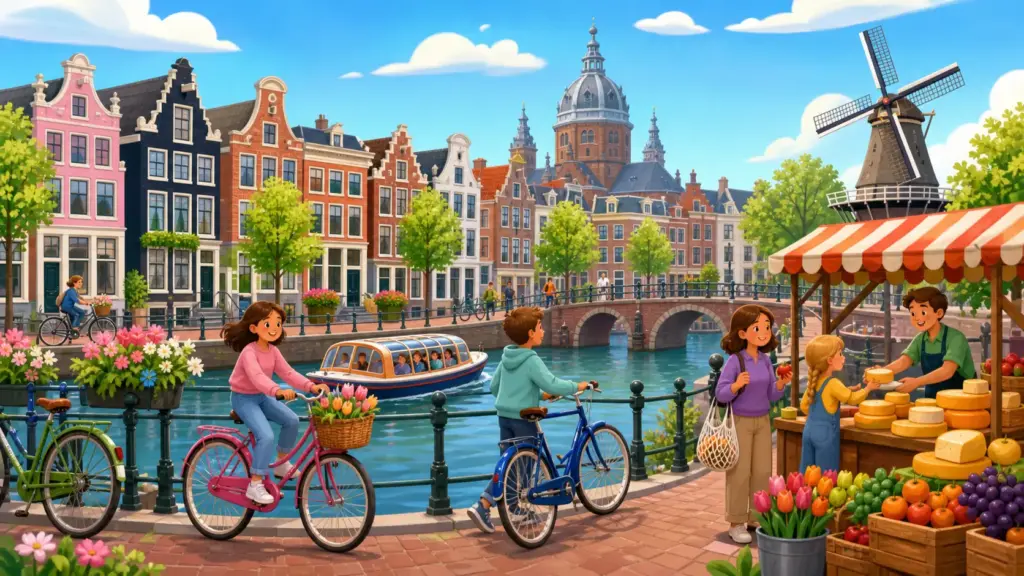 Amsterdam landmarks, active residents and a fresh food market