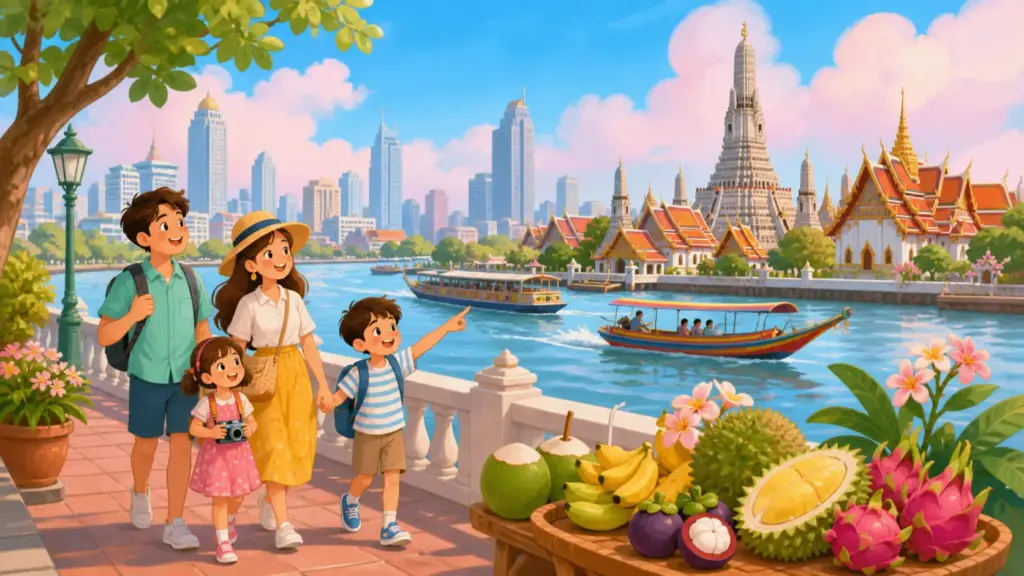 Bangkok landmarks, active residents and a fresh food market