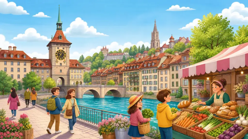 Bern landmarks, active residents and a fresh food market