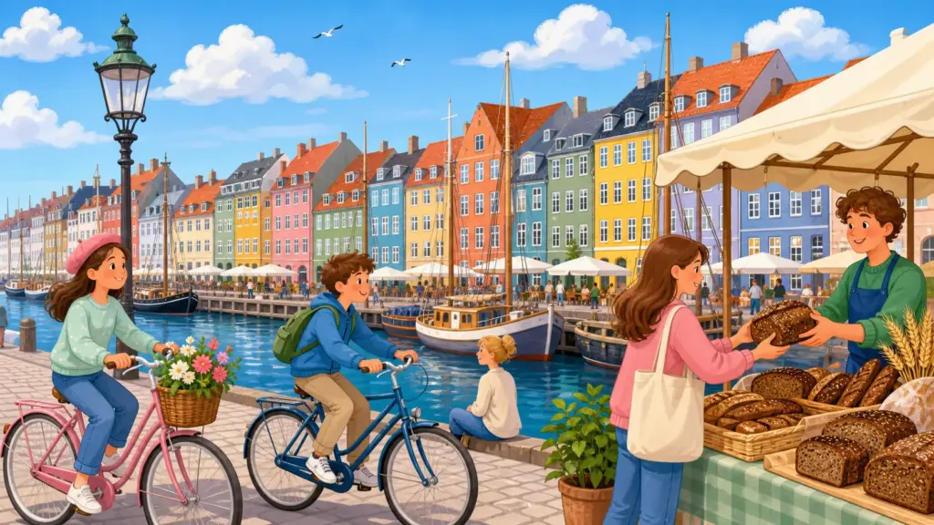 Copenhagen landmarks, active residents and a fresh food market