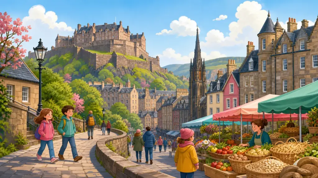 Edinburgh landmarks, active residents and a fresh food market