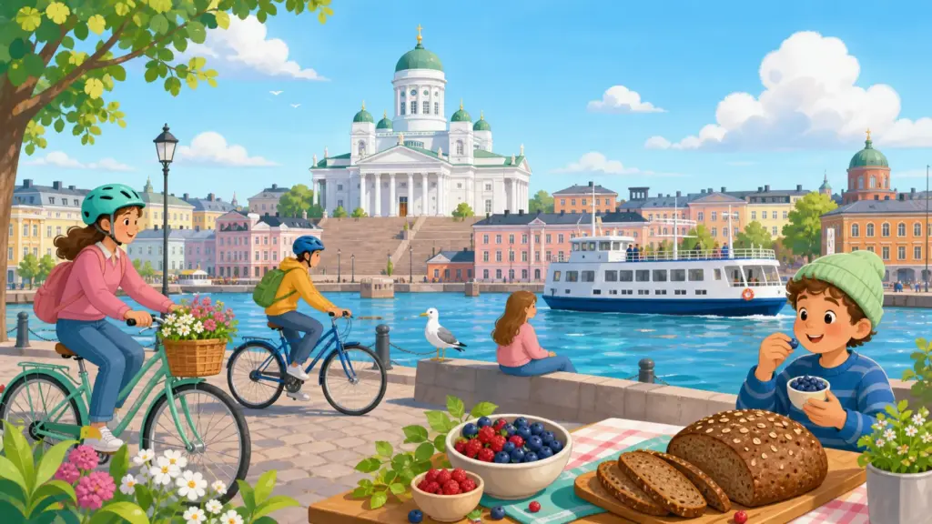 Helsinki landmarks, active residents and a fresh food market