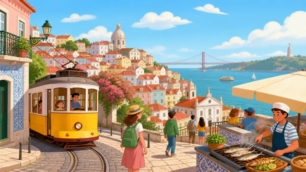 Lisbon landmarks, active residents and a fresh food market