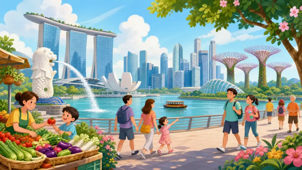 Singapore landmarks, active residents and a fresh food market