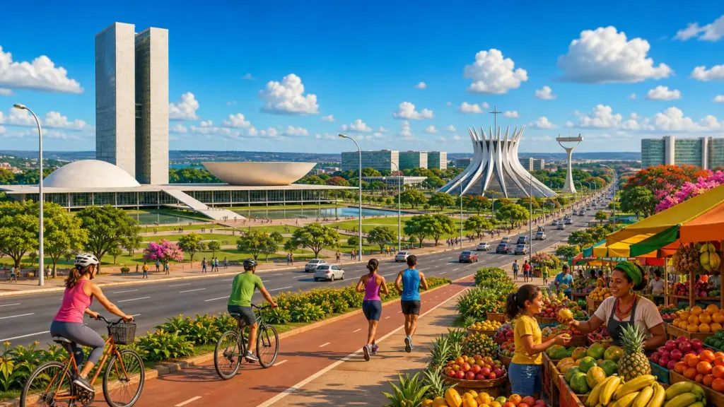 Brasilia with the National Congress, cathedral, cyclists and a fruit market