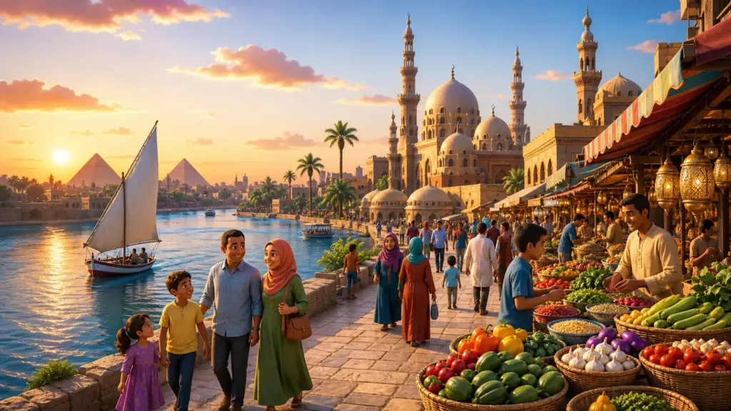 Cairo with the Nile, a felucca, historic minarets and a produce market