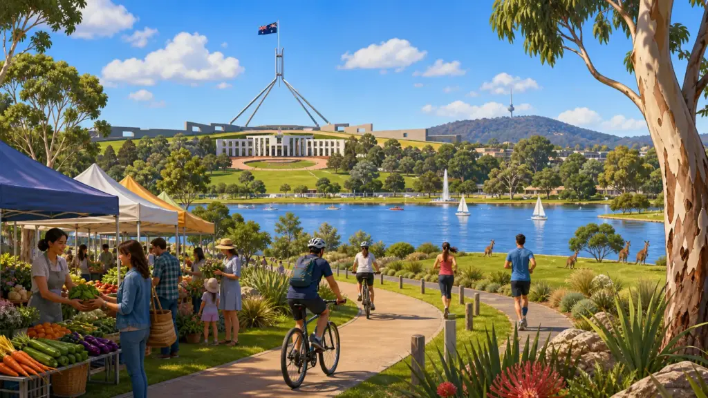 Canberra with Parliament House, Lake Burley Griffin, cyclists and a market