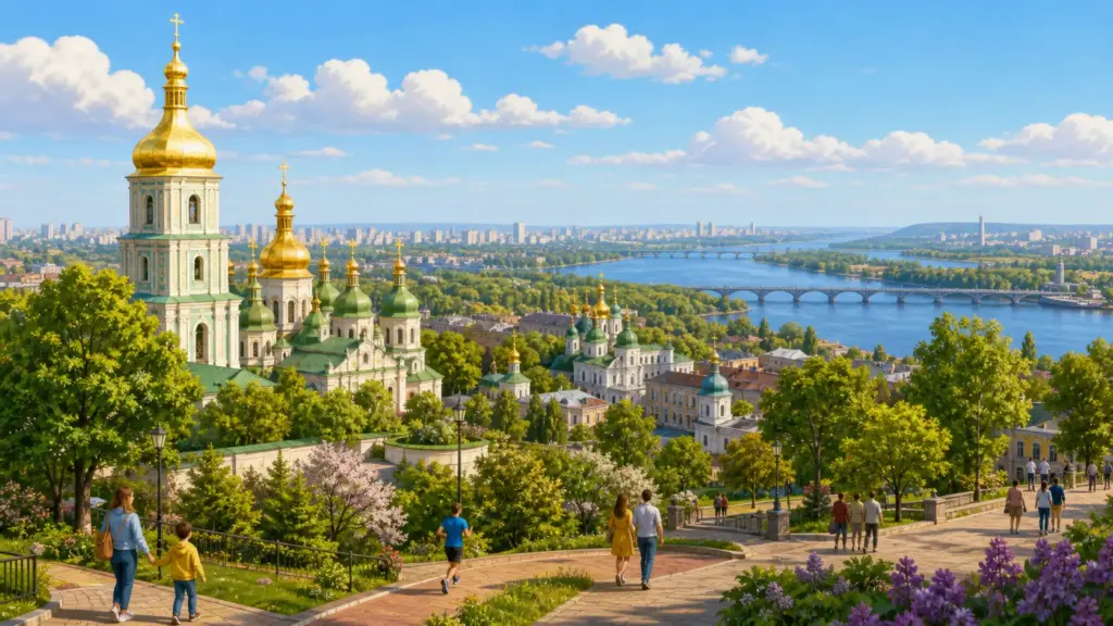 Kyiv with Saint Sophia, golden domes, green hills and the Dnipro