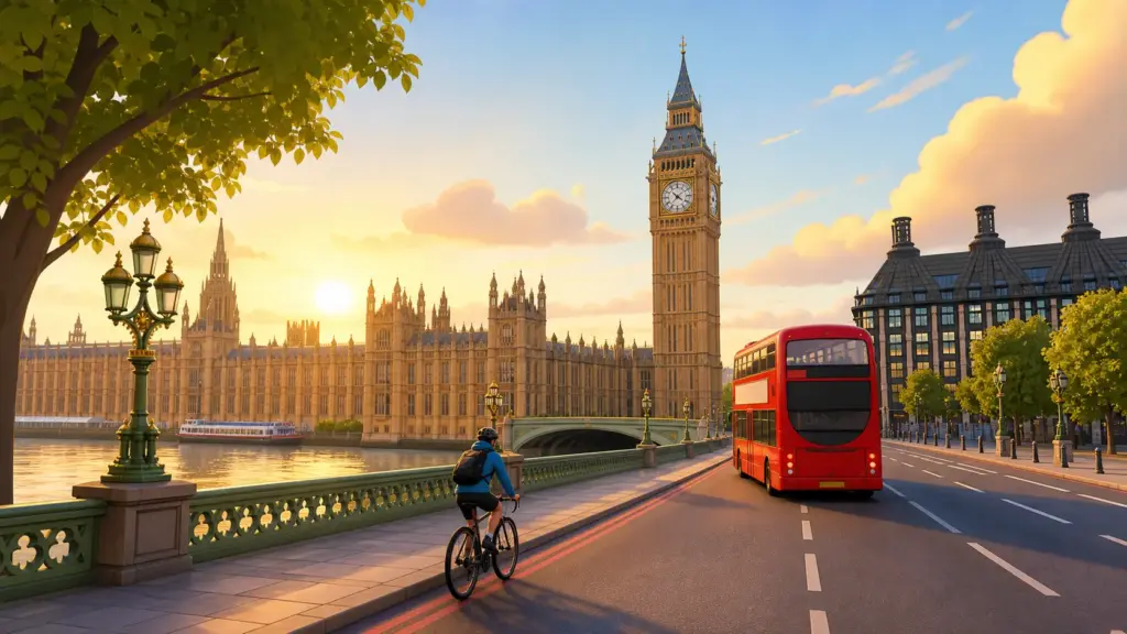 London with Big Ben, the Thames, a red bus and a cyclist