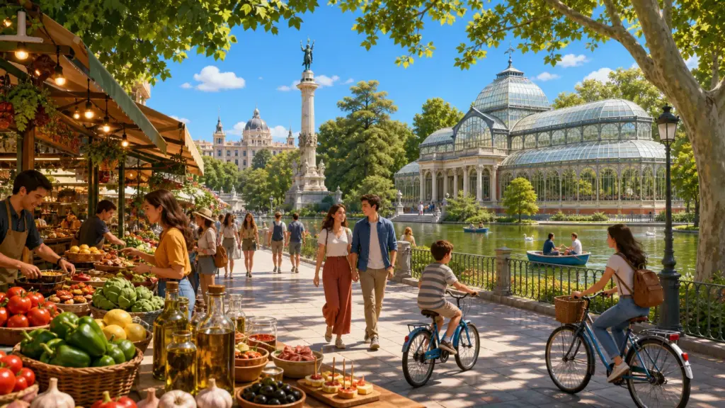 Madrid with Retiro Park, the Crystal Palace, a food market and cyclists