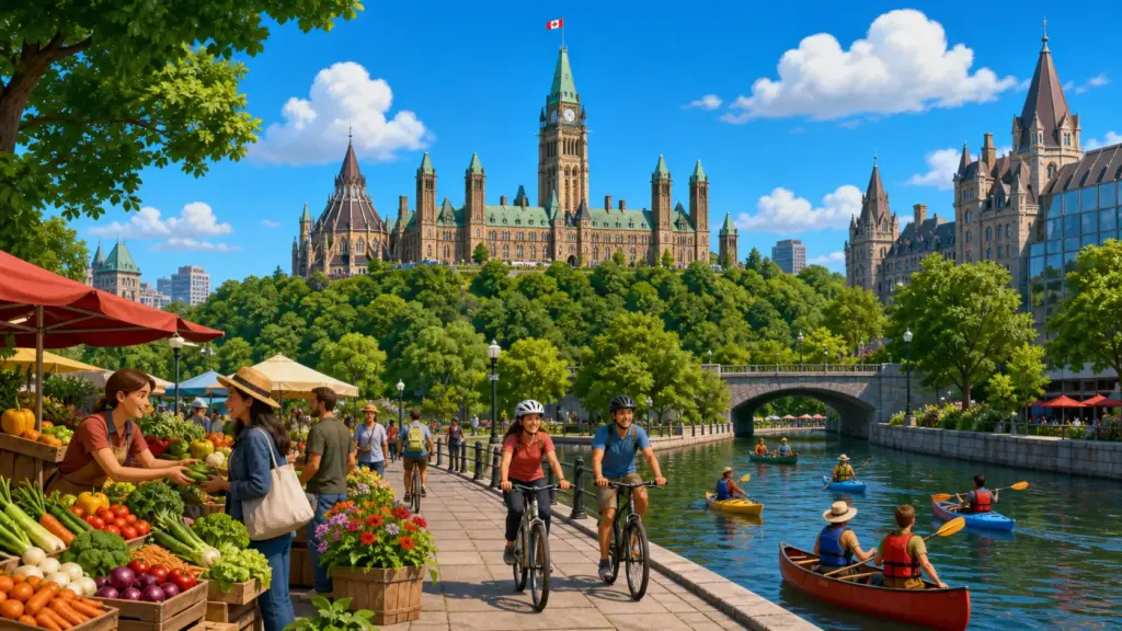 Ottawa with Parliament Hill, the Rideau Canal, cyclists and paddlers