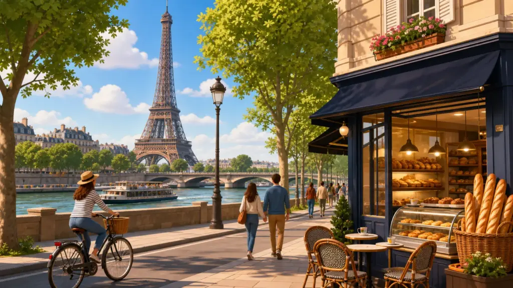 Paris with the Eiffel Tower, the Seine, a bakery and cyclists