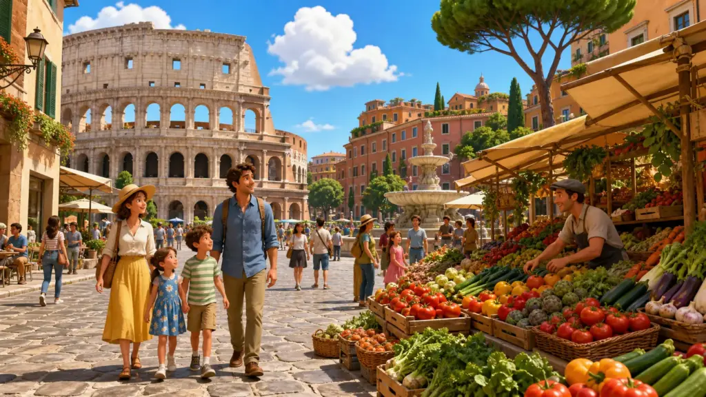 Rome with the Colosseum, a market and families walking