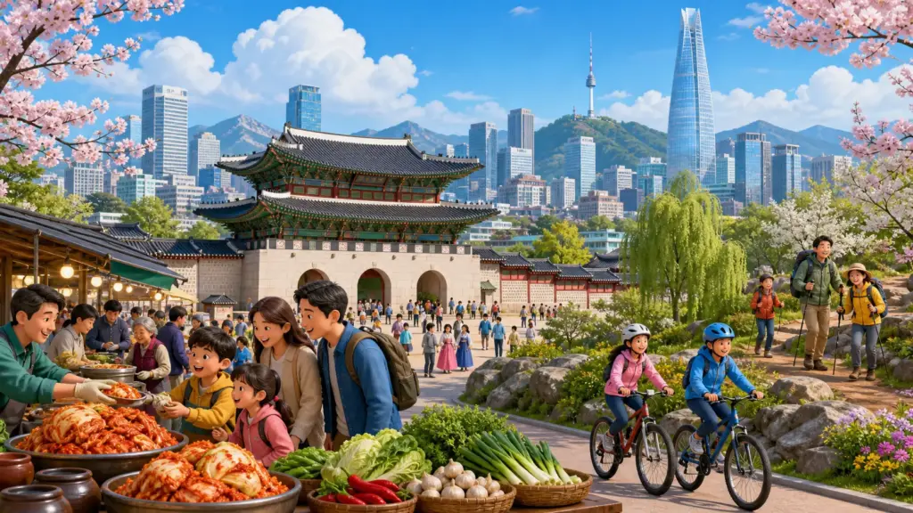 Seoul with Gyeongbokgung Palace, a modern skyline, kimchi market and cyclists