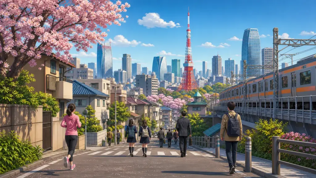 Tokyo with Tokyo Tower, cherry blossoms, a train and pedestrians