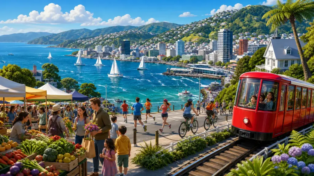 Wellington with its harbour, green hills, cable car, runners and a market