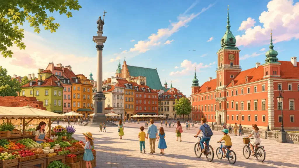 Warsaw landmarks, walking families and a healthy food market