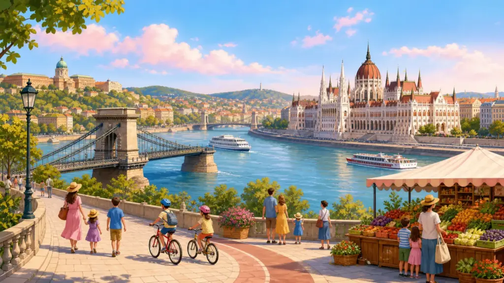 Budapest landmarks, walking families and a healthy food market
