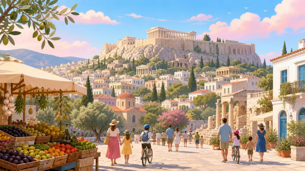 Athens landmarks, walking families and a healthy food market