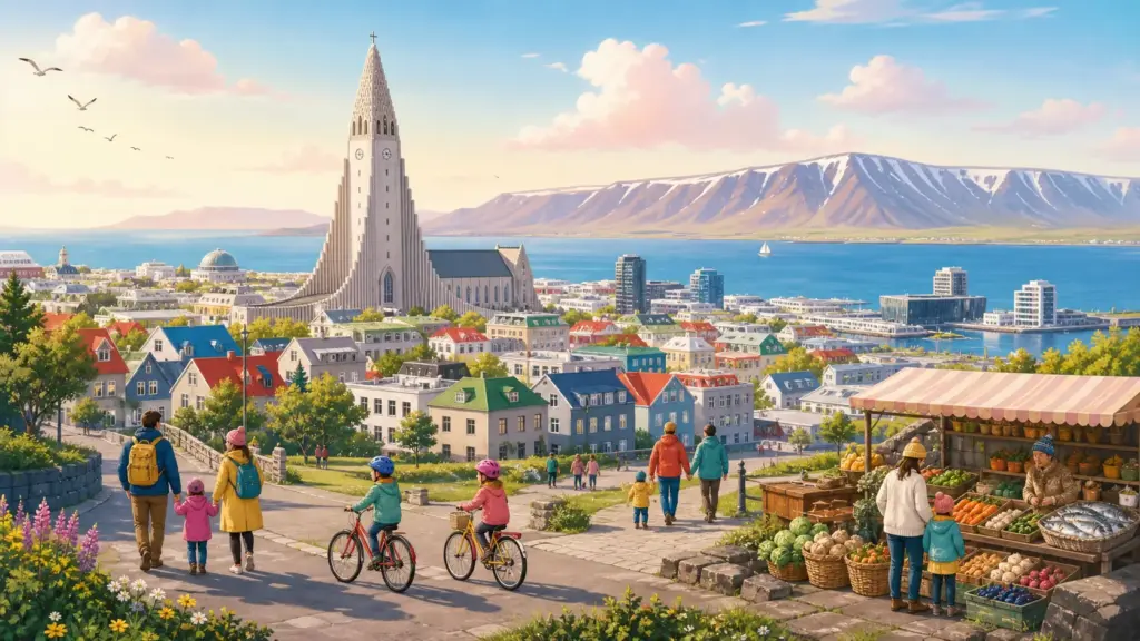 Reykjavik landmarks, walking families and a healthy food market