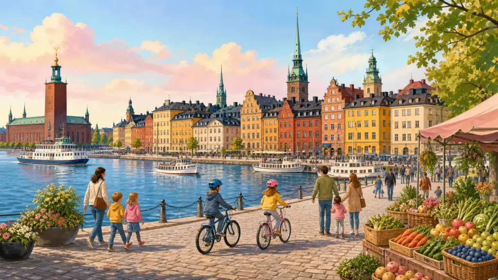 Stockholm landmarks, walking families and a healthy food market