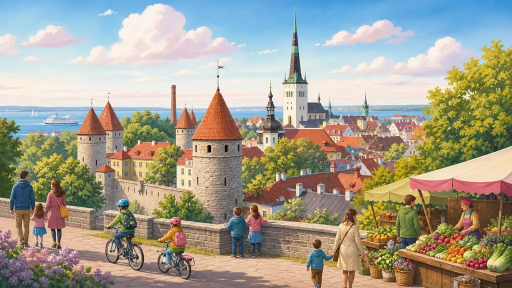 Tallinn landmarks, walking families and a healthy food market