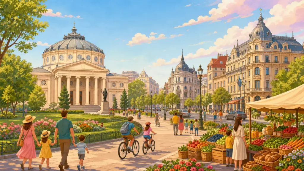 Bucharest landmarks, walking families and a healthy food market
