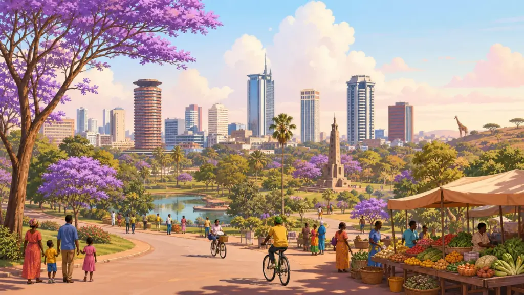 Nairobi landmarks, walking families and a healthy food market