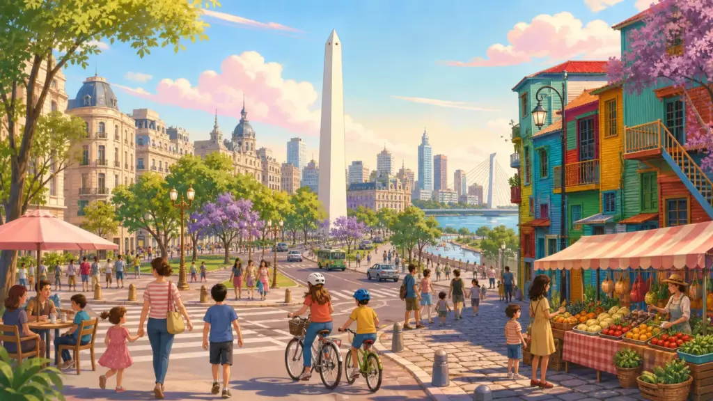Buenos Aires landmarks, walking families and a healthy food market
