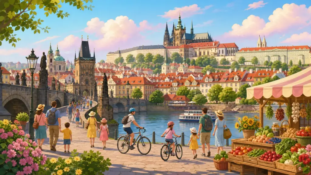 Prague landmarks, walking families and a healthy food market