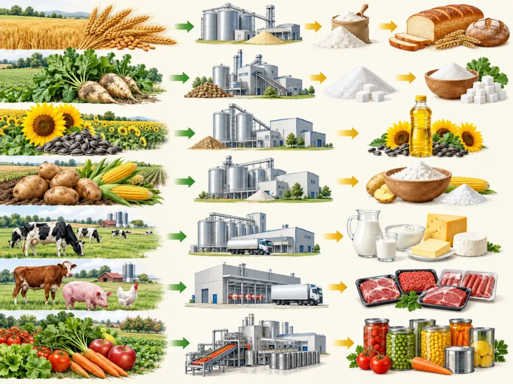 Цепочки производства хлеба, сахара, масла, крахмала, молочных, мясных и консервированных продуктов