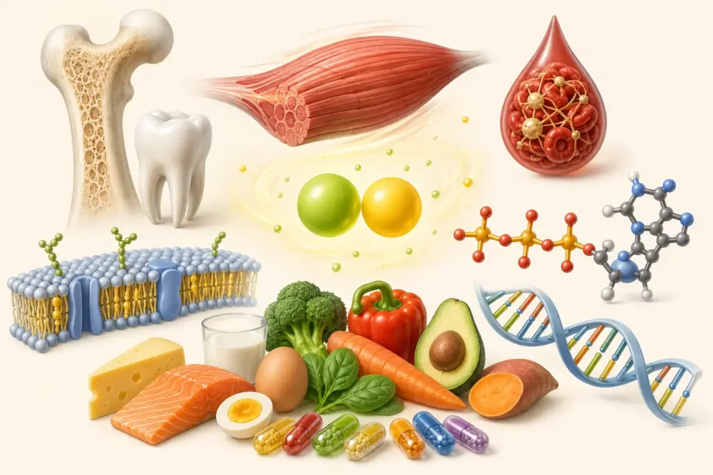 Кость, зуб, мышца, кровь, клеточная мембрана, молекулы ДНК и продукты с витаминами