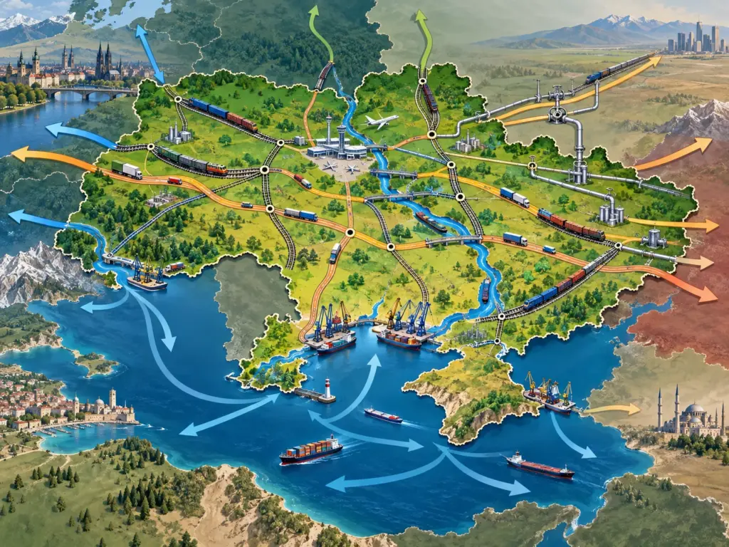 Мультимодальная транспортная сеть Украины с дорогами, железными дорогами, реками, портами, аэропортом и трубопроводами