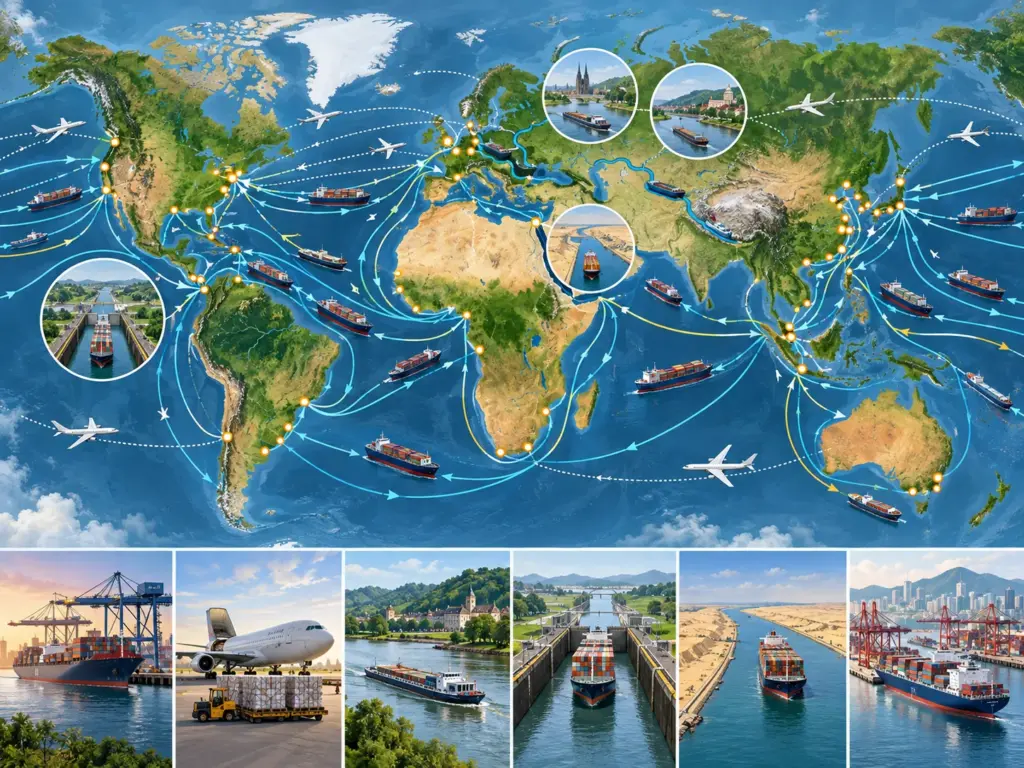 Мировая карта морских и воздушных маршрутов, международных рек, каналов и крупных портовых узлов