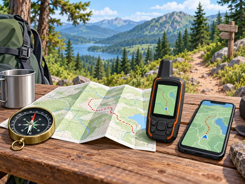 Компас, бумажная карта, GPS-приёмник и смартфон для навигации