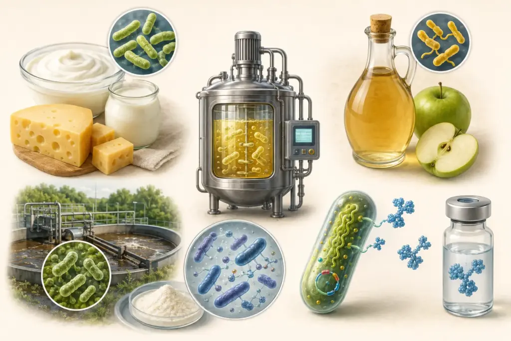 Кисломолочные продукты, уксус, биореактор, очистка воды и производство лекарственного белка