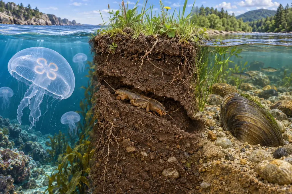 Аурелия живёт в море, медведка — в почве, беззубка — в пресной воде