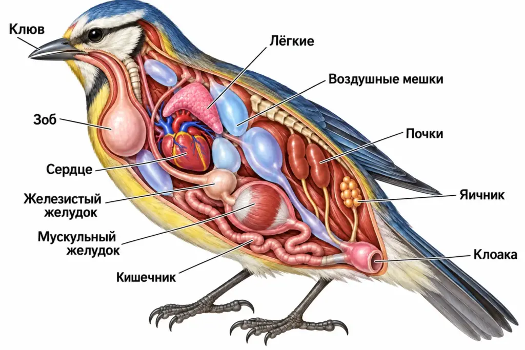 Внутреннее строение птицы: клюв, зоб, сердце, лёгкие, воздушные мешки, желудок, кишечник, почки, яичник и клоака