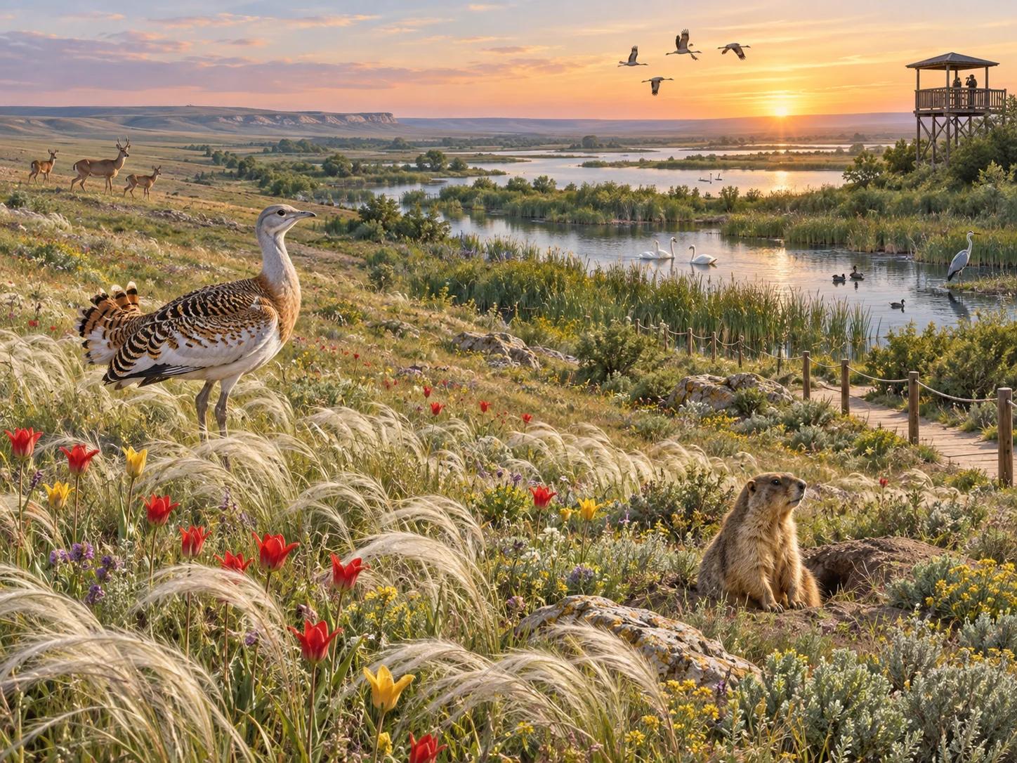 Охраняемая степь и водно-болотные угодья с редкими животными Украины