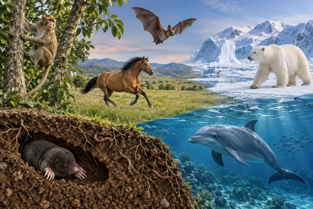 Млекопитающие в воздушной, почвенной, наземной, древесной и водной средах