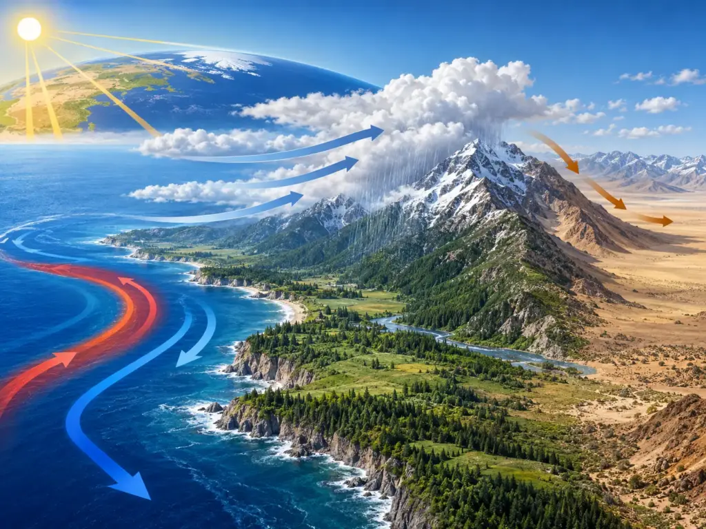 Широта, океаническое течение, ветер и горы как климатообразующие факторы