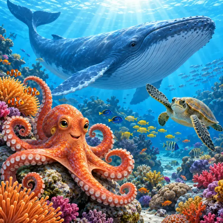 Осьминог, кит, морская черепаха и коралловый риф