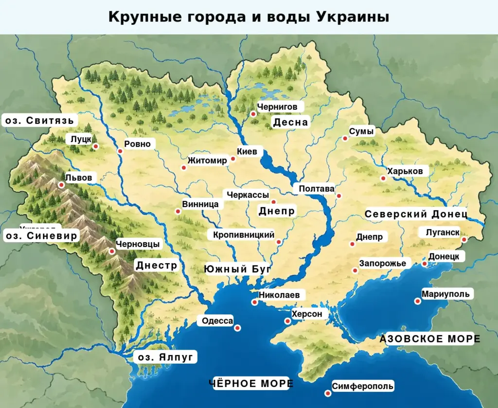 Цветная карта Украины с чёрными контрастными подписями городов, рек, озёр и морей